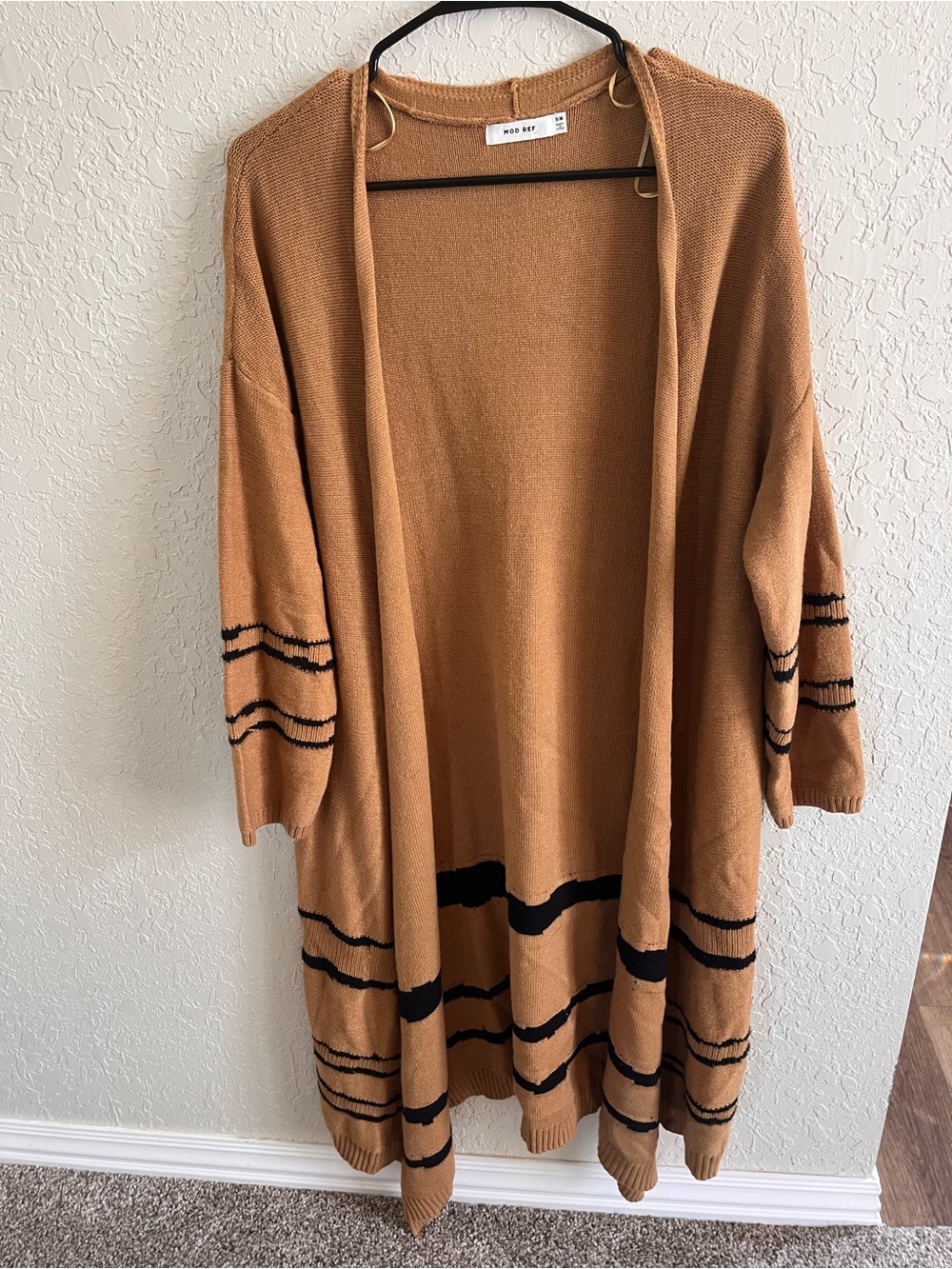 Mod Ref Camel Open-Front Long Cardigan with Black Stripe Accents